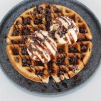 Dark Chocolate Waffle · Dark Chocolate Chip Waffle, Vanilla Ice Cream, Dark Chocolate Sauce