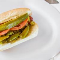 Jumbo Hotdog · Mustard, onion, tomato, relish, and pickle.