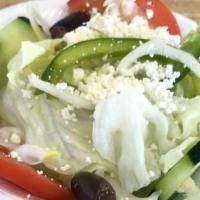 Greek Salad · Choice:  Small or Large (surcharge) 
Lettuce, tomato, cucumber, green pepper, onion, feta ch...
