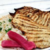 Grilled Chicken · 3 pieces. Chicken breast marinated in garlic, lemon juice, and charbroiled topped with signa...