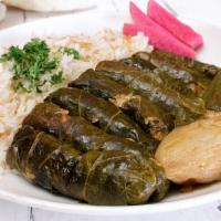 Vegetarian Grape Leaves · Grape leaves stuffed with rice, vegetables, and seasoned with spices.