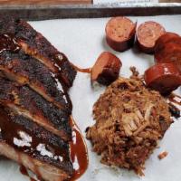 Rib Tour · Four Babyback Ribs and Side portion of Brisket OR Pulled pork AND 1-Chicken Drumstick OR cho...