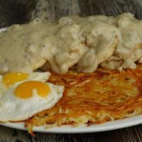 New! Biscuits And Gravy · Two Buttermilk biscuits, topped with our country gravy, served with two eggs cooked any styl...