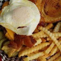 1/4 Sunrise Flame · Flameburger with melted cheese, two slices of bacon, an over-easy egg, and a slice of grille...