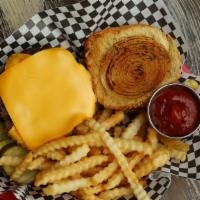 1/2 Lb. Cheese Flame · A half pound Flameburger with cheese and a slice of grilled onion.
