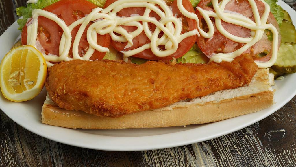 Fish Sandwich Platter · Breaded cod filet topped with lettuce and tomato on a bun. Served with french fries or hash browns, side of tartar sauce, and coleslaw.