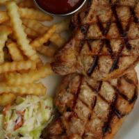 Pork Chops Dinner · One or two 6 OZ broiled pork chop. Served with french fries or hash browns, toast and coleslaw
