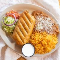 Chimichanga · Choice of meat, Chihuahua cheese, rolled in a flour tortilla and fried golden.