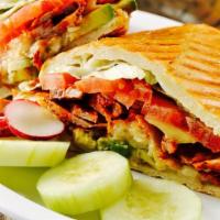 Mexican Sandwich · Tasty, hot and crispy. Mexican style sub bread with melted mozzarella cheese, tomatoes, mayo...