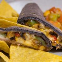 La Chula · Large quesadilla in homemade blue corn tortilla, stuffed with grill mix cheese peppers and o...