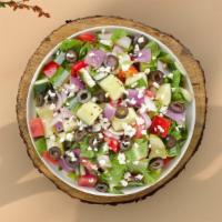 Greek God Salad · Romaine lettuce, cucumbers, tomatoes, red onions, olives, and vegan cheese tossed with balsa...