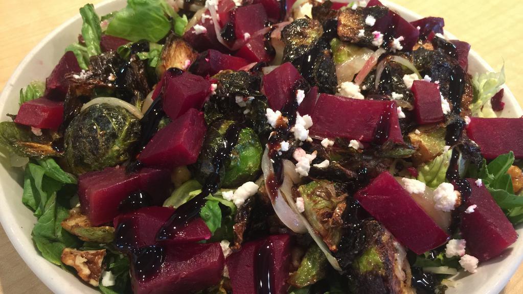 Roasted Beet & Brussel Sprout Salad · Leonard's choice. Gluten-free. Fresh romaine lettuce, feta cheese, toasted almonds, grilled sweet onions topped with fresh roasted warm beets, roasted Brussel sprouts, and balsamic vinegar reduction.