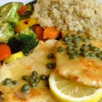 Chicken Piccata · Amish chicken breast lightly dusted in seasoned flour, sautéed in lite olive oil, garlic and...