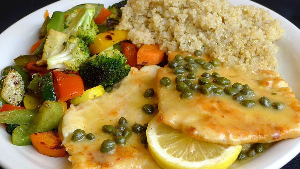 Chicken Piccata · Amish chicken breast lightly dusted in seasoned flour, sautéed in lite olive oil, garlic and lemon and mixed with capers and artichokes (pick two dinner sides).