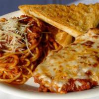Chicken Parmesan · Leonard's choice. Breaded organic chicken breast topped with meat sauce, covered with melted...
