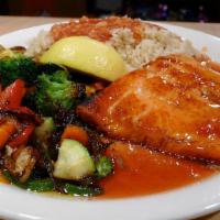 Honey Mustard Salmon · Gluten-free. Leonard's choice. Wild-caught salmon seasoned and grilled, topped with a honey ...