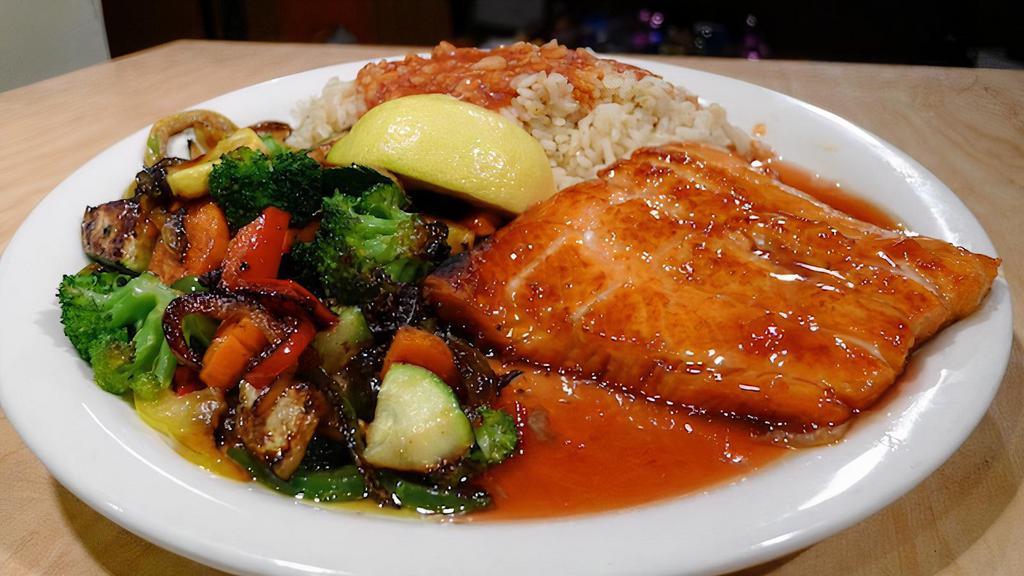 Honey Mustard Salmon · Gluten-free. Leonard's choice. Wild-caught salmon seasoned and grilled, topped with a honey mustard glaze and fresh dill (pick two dinner sides).