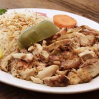 Chicken Shawarma Plate · Gluten free. Marinated, slow-roasted and shaved dark chicken meat. Served with choice of 2 s...