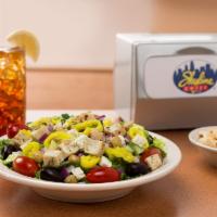 Greek Salad With Chicken · Lettuce, diced chicken breast, cucumbers, red onions, tomatoes, chickpeas, kalamata olives. ...
