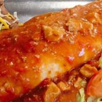 Papa Burrito · Jumbo burrito filled with beans and your choice of meat and topped with your choice of chile...