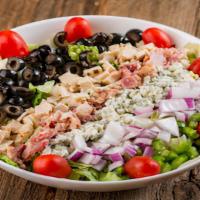 Chopped Salad · Gorgonzola, romaine lettuce, pasta, red onions, green peppers, grape tomatoes, croutons, chi...
