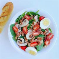 Perfect Spinach Salad · Fresh baby leaf spinach, grape tomatoes, boiled eggs, and fresh mushrooms topped with smoked...