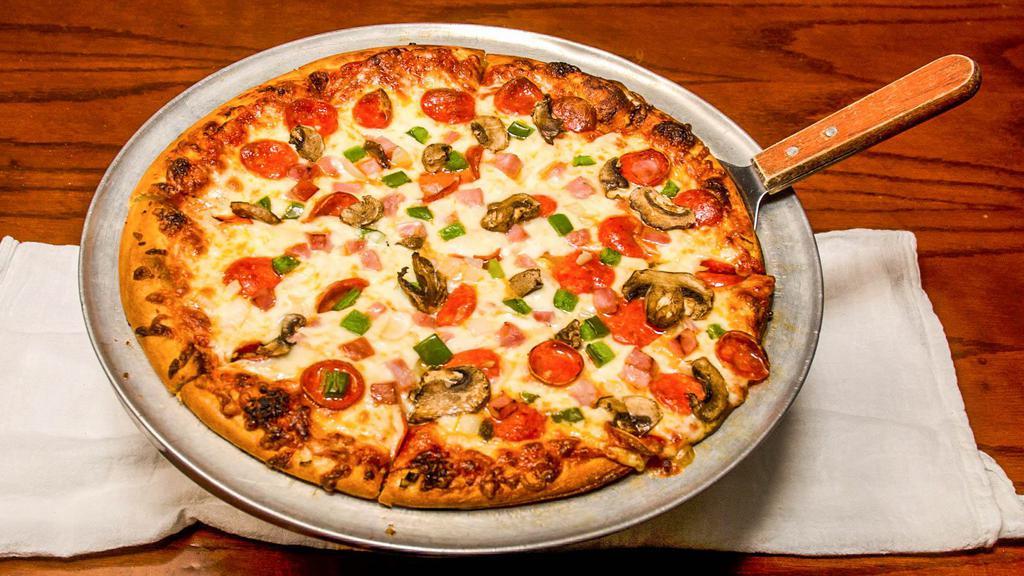Supreme · Pizza sauce base, mozzarella cheese, pepperoni, ham, green peppers, mushrooms and onions.