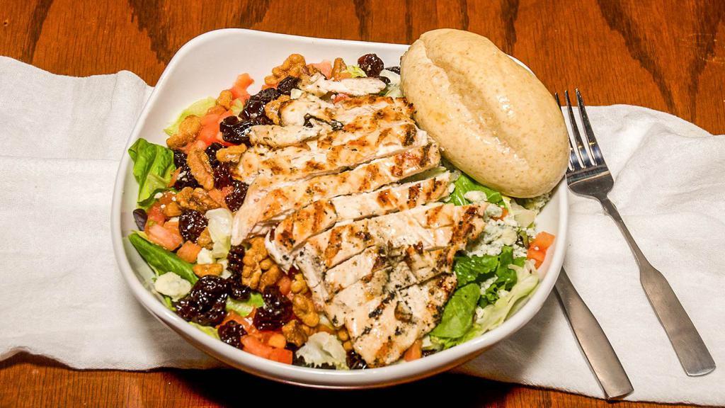 Traverse City Cherry Salad · House mix salad with grilled or fried chicken, dried cherries, walnuts, diced tomatoes, bleu cheese crumbles and Raspberry vinaigrette on the side.