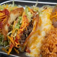 Mexican Combination Plate 1 · One cheese enchilada, one beef taco and one bean tostada served with beans and rice and your...