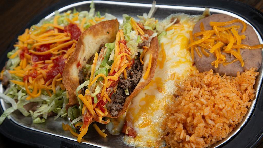 Mexican Combination Plate 1 · One cheese enchilada, one beef taco and one bean tostada served with beans and rice and your choice of corn or flour shell.