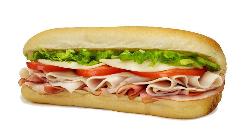 #11. Turkey, Ham And Cheese Sandwich Only · Smoked ham, roasted turkey breast, provolone cheese, garden-fresh lettuce, red ripe tomatoes and Hellmann's mayo.