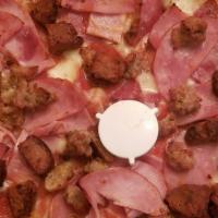 Meat Lovers Round Pizza Small · Mozzarella cheese, pizza sauce, pepperoni, ham, bacon, ground beef, and Italian sausage.