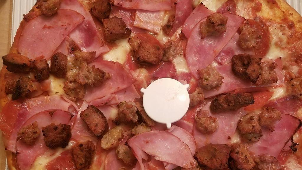 Meat Lovers Round Pizza Small · Mozzarella cheese, pizza sauce, pepperoni, ham, bacon, ground beef, and Italian sausage.