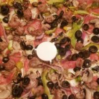 2 Guys Special Round Pizza Large · Mozzarella cheese, pizza sauce, pepperoni, ham, mushrooms, green peppers, onions, and bacon.