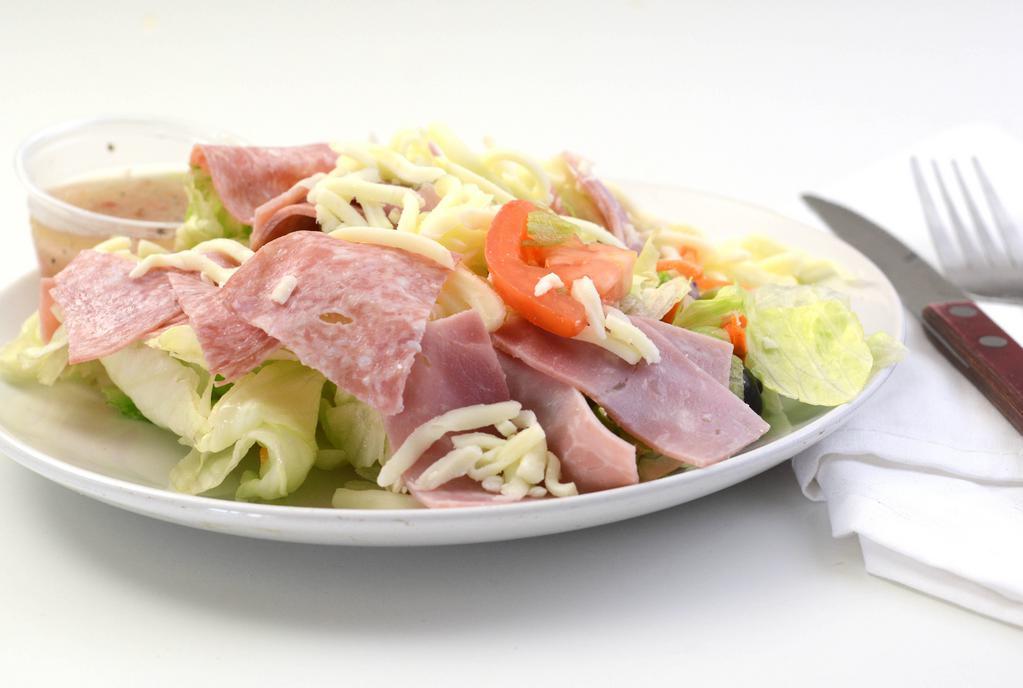 Antipasto Salad · Lettuce, tomato, cucumber, ham, salami, mozzarella, and pepperoncini.