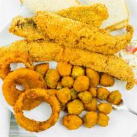 Fried Catfish · Choice of toast or fried biscuits and two breakfast sides.