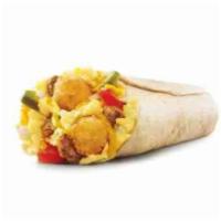 Supersonic Breakfast Burrito · Cheddar cheese, tater tots, onions, jalapenos, tomatoes, and choice of sausage or bacon.
