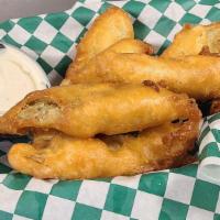 Deep Fried Pickle Spears · Hand dipped, beer battered pickle spears served with ranch dressing.