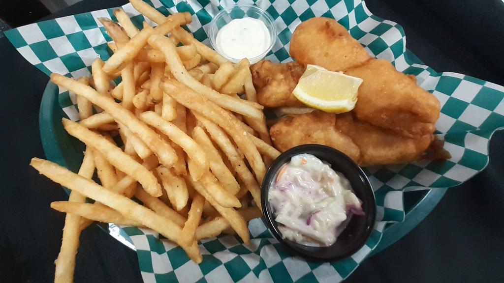 Fish & Chips · Cod, hand-dipped in our house beer batter, flash-fried to a golden brown. Served with coleslaw, and tartar sauce. Comes with a side of your choice.  If you select a different side instead of fries it will come with that INSTEAD OF FRIES.