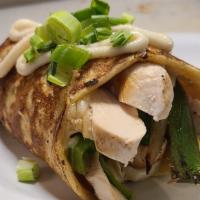 Grilled Chicken Boxty · Grilled chicken breast, sautéed onions and peppers, swiss cheese. Accented with garlic aioli...