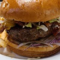 Beach Burger · 2-4oz smash patty with cheddar cheese, smoked bacon, tomato, lettuce, red onion, diced pickl...