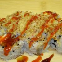 Spicy Crab Roll · Tem crab, cheese with crunch, chili, eel sauce.