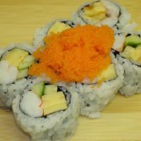 East · Two cooked shrimp, egg, cucumber with masago top.