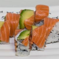 Sunshine Roll · spicy tuna inside roll with salmon, avocado on top. Raw.