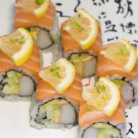 Sun Set Roll · california roll with salmon and lemon on top