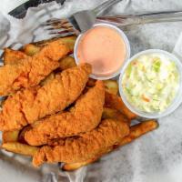 Chicken Tender Basket · Deep fried chicken tenders with fries and coleslaw. With your choice of sauce.