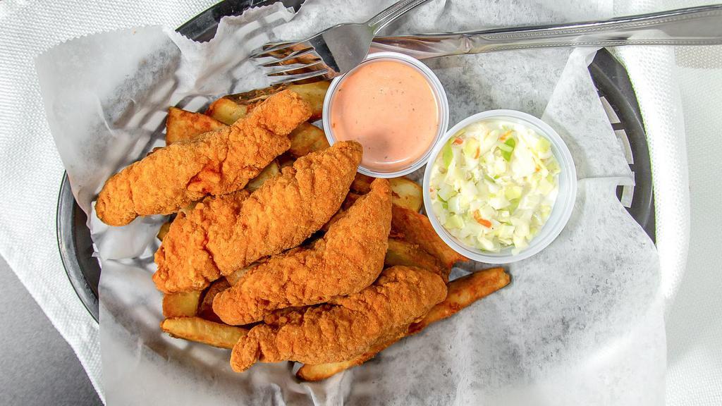 Chicken Tender Basket · Deep fried chicken tenders with fries and coleslaw. With your choice of sauce.