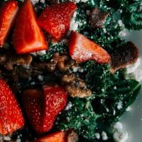 Strawberry Kale Salad · grilled kale, fresh strawberries, . chopped bacon, goat cheese, candied walnuts, tossed in b...