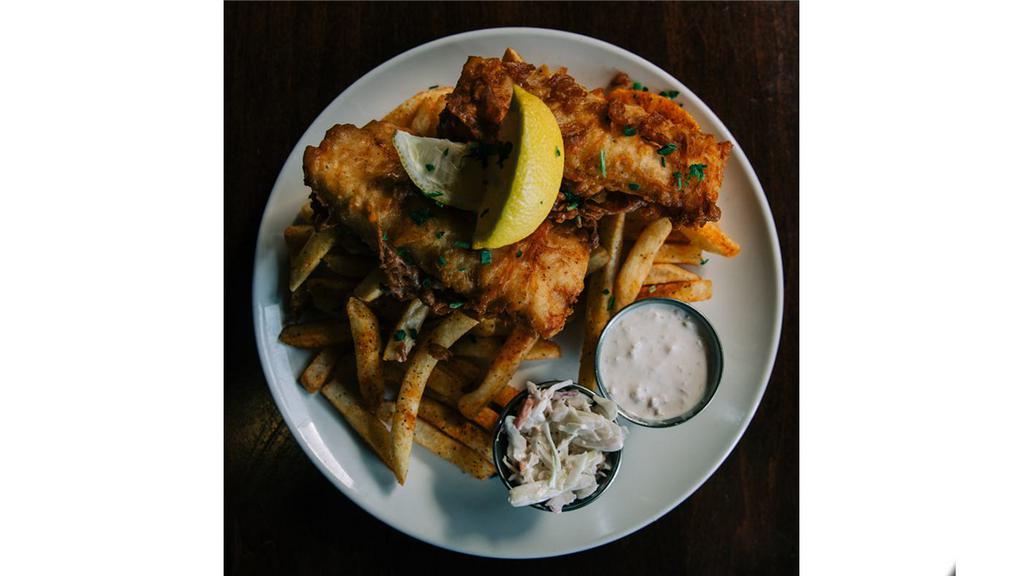 Fish And Chips · Goodwood beer battered cod, tartar . sauce, slaw, house seasoned french fries