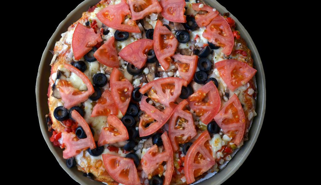 The Veggie Feast Pizza · A combination of fresh vegetables mushrooms, onions, red and green peppers, tomatoes, and black olives.